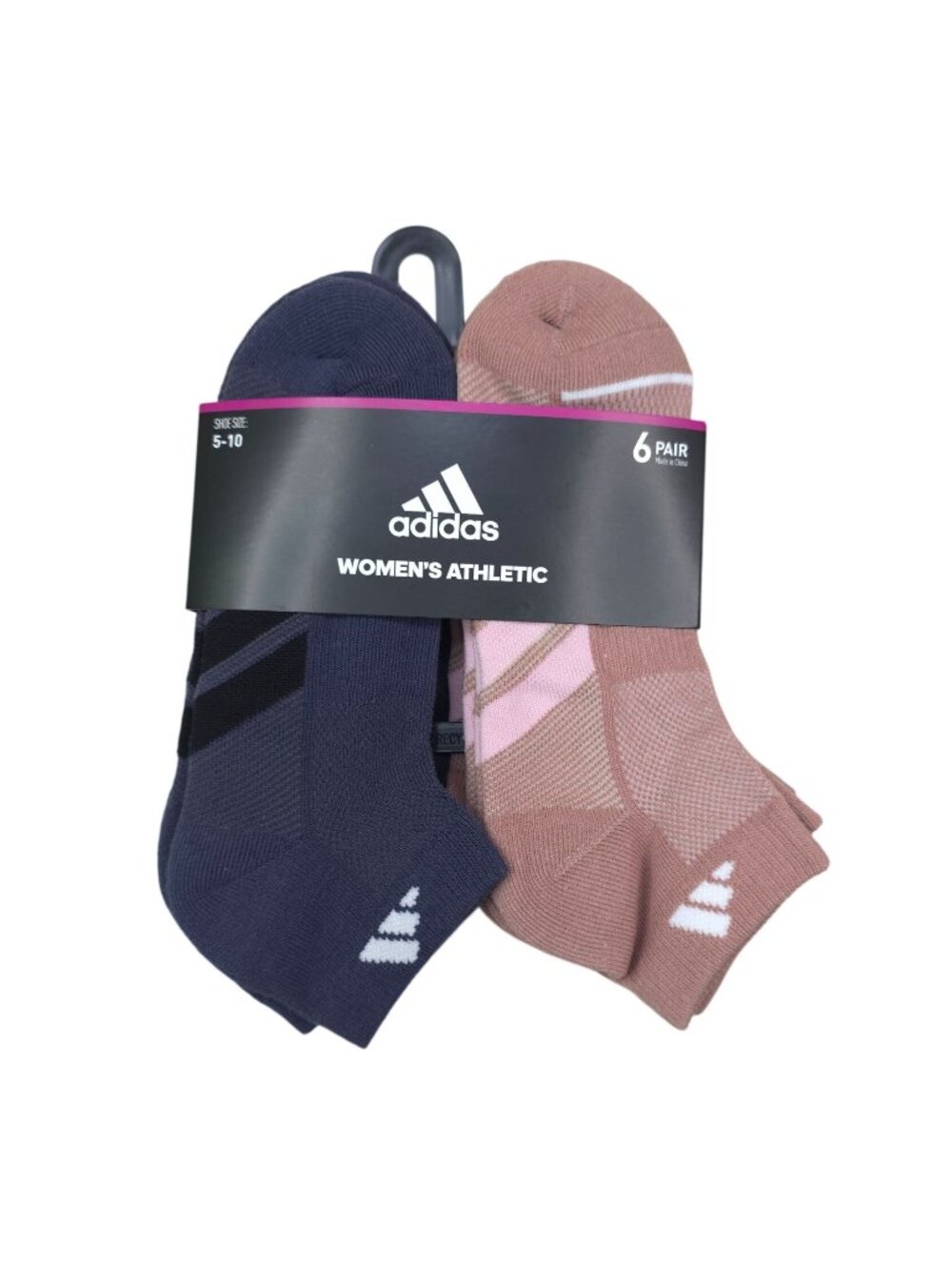 Adidas Womens Athletic Socks 6-Pack Size 5-10 Polyester & Cotton Navy & Pink